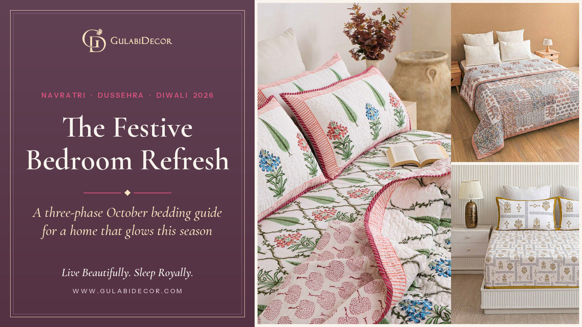 GulabiDecor festive bedroom refresh: Tuscan Garden Luxe bedspread suite, Royal Elephant patchwork cotton quilt and Divine Swarna Arch hand-block bedsheet beside the title The Festive Bedroom Refresh on a plum panel
