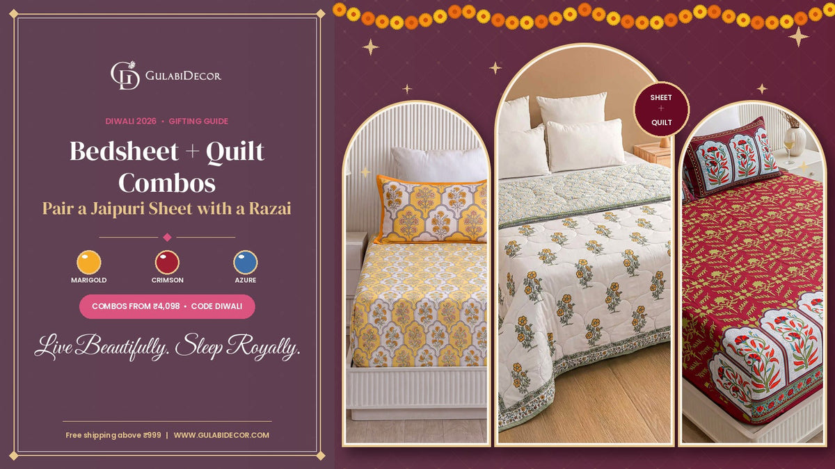 GulabiDecor Diwali guide: Marigold Bloom bedsheet, Vibrant Marigold Meadow quilt and Shahi Crimson Poppy Arch bedsheet in gold jharokha arch frames under a marigold toran, beside the title Bedsheet + Quilt Combos on a plum panel