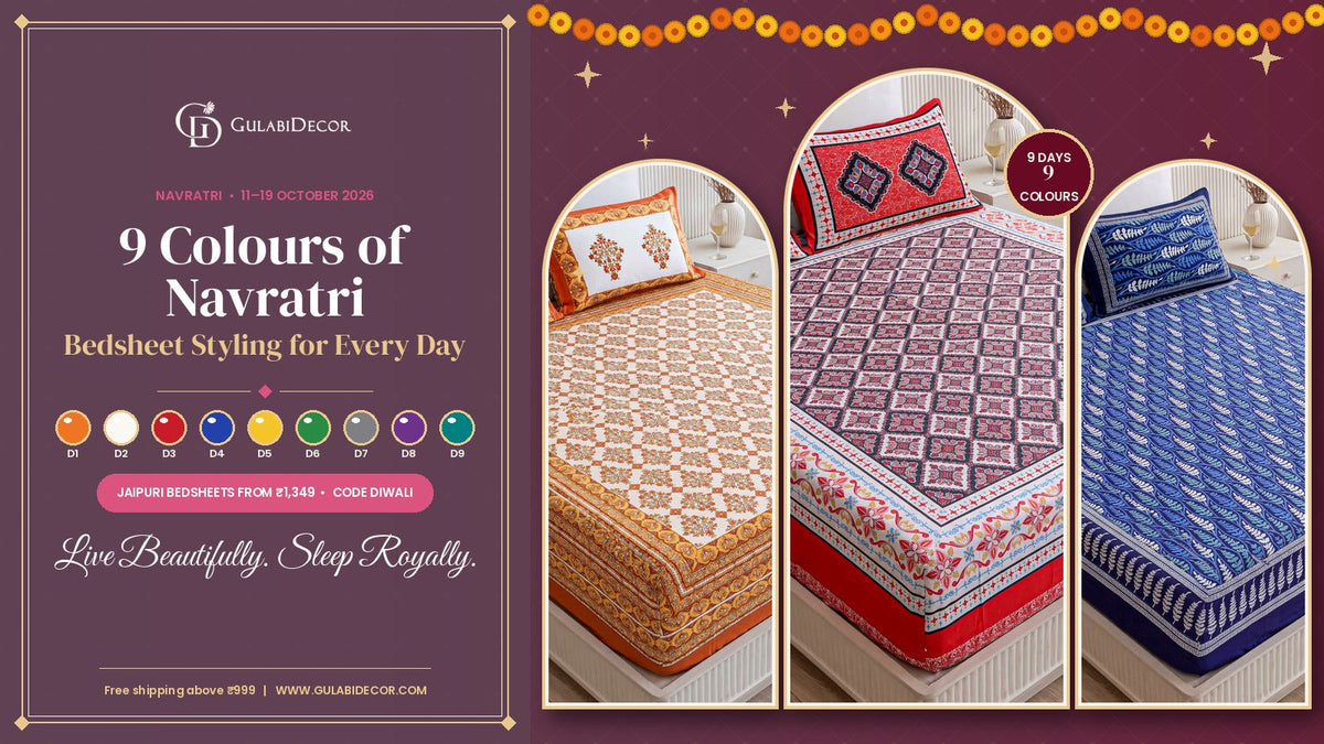 GulabiDecor Navratri 2026 guide: orange Kesar Avani, red Scarlet Diamond Jaali and royal blue Indigo Fern Jaipuri bedsheets in gold arch frames under a marigold toran, beside the title 9 Colours of Navratri with nine colour swatches on a plum panel