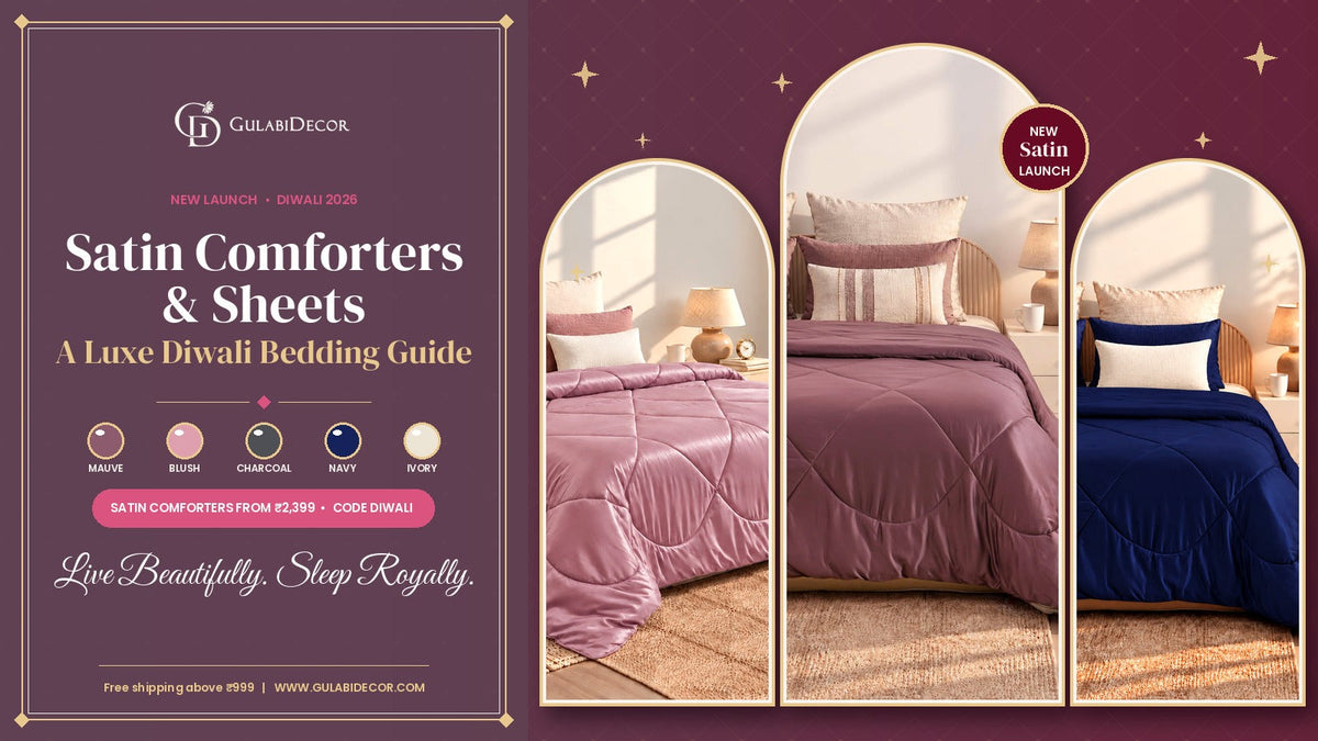 GulabiDecor Diwali satin bedding guide: Blush Pink, Mauve and Navy Blue Luxury Satin Comforters in gold arch frames beside the title Satin Comforters & Sheets with five colour swatches on a plum panel