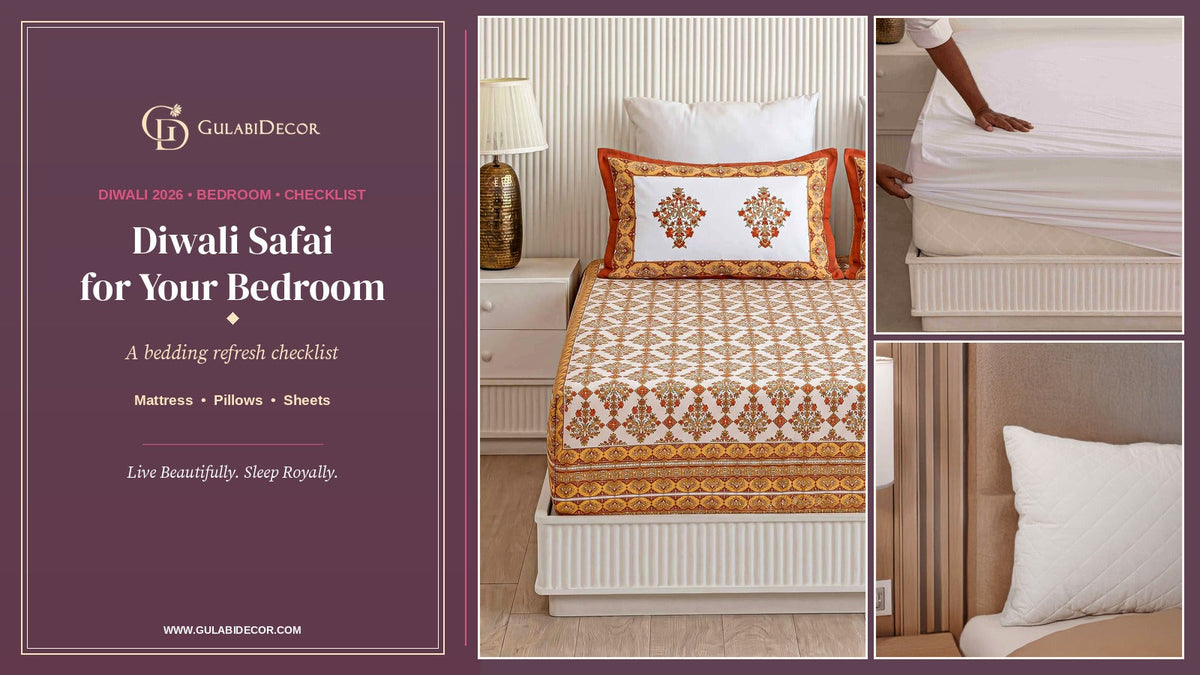 GulabiDecor Diwali safai bedroom guide: Kesar Avani hand-block bedsheet, white waterproof mattress protector and quilted pillow beside the title Diwali Safai for Your Bedroom on a plum panel