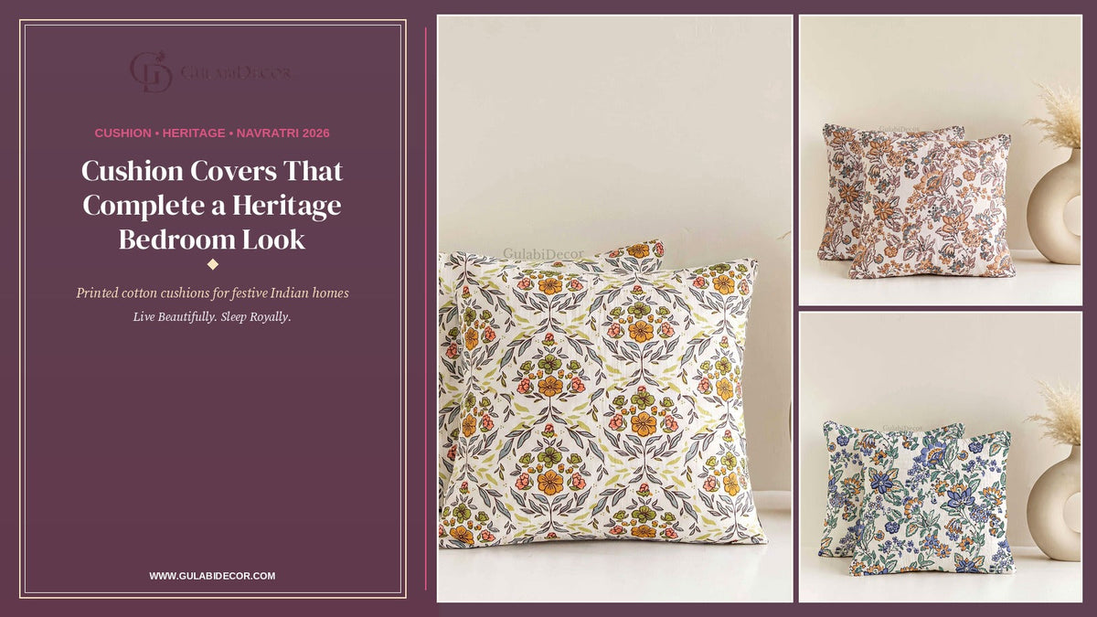 GulabiDecor heritage cushion covers guide: Jharokha Blossom, Caramel Heritage Vine and Royal Neelam chintz cushion covers beside the title Cushion Covers That Complete a Heritage Bedroom Look on a plum panel