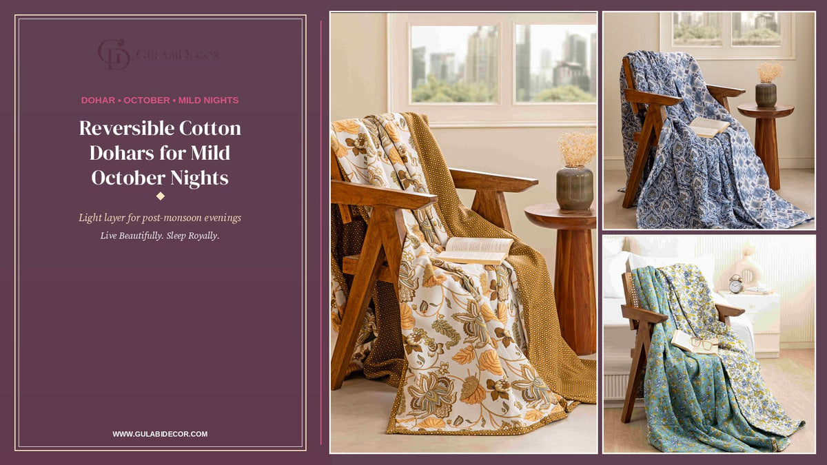 GulabiDecor reversible cotton dohars guide: White & Camel, Blue White Ikat and Aqua Green dohars beside the title Reversible Cotton Dohars for Mild October Nights on a plum panel