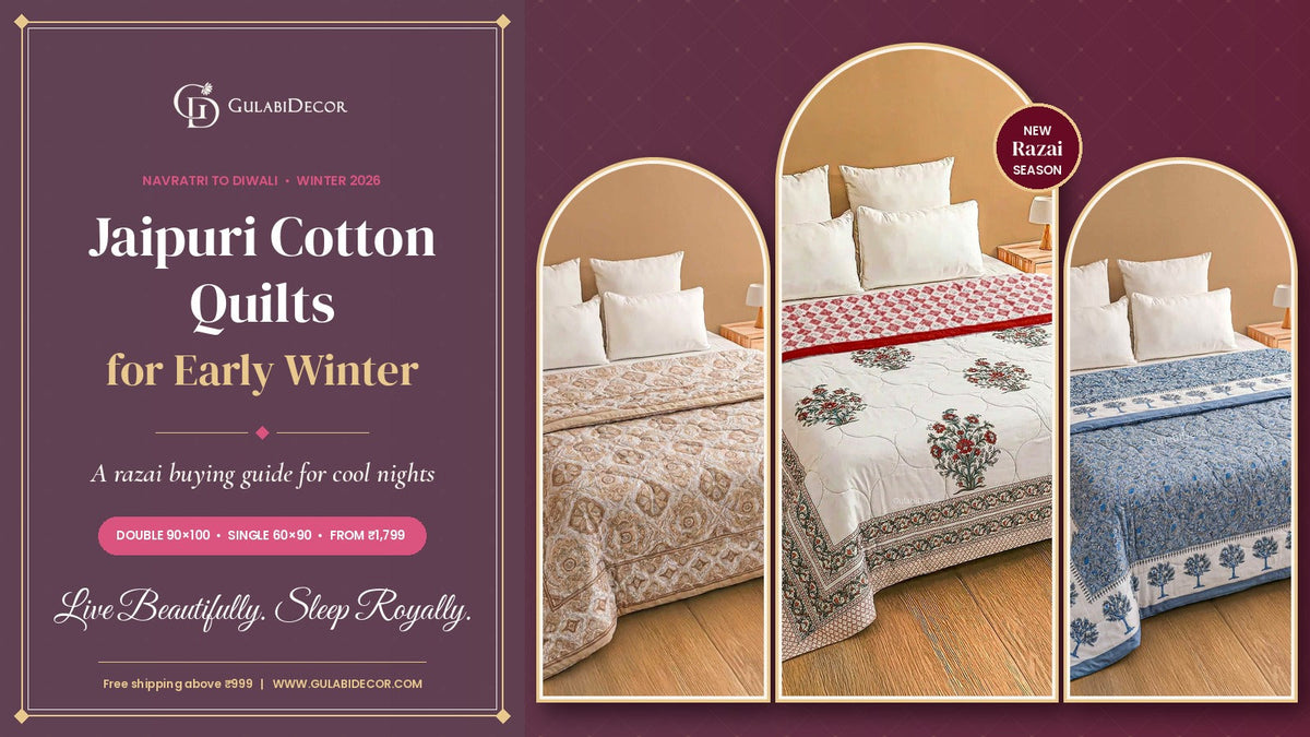 GulabiDecor early winter quilt guide: Earthy Medallion, Crimson Rose-Bush and Midnight Garden Jaipuri cotton quilts in arch frames beside the title Jaipuri Cotton Quilts for Early Winter on a plum panel