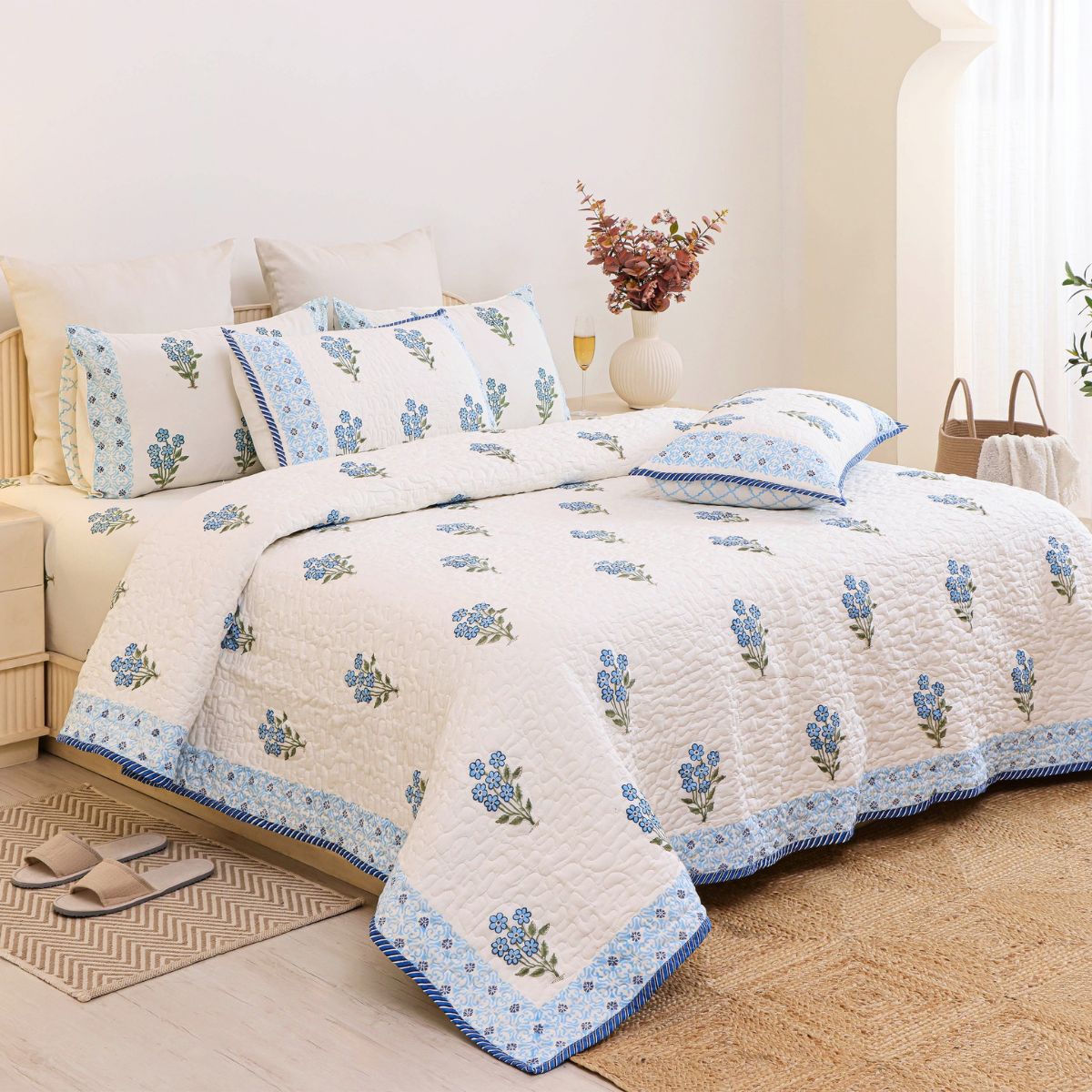 The French Riviera Powder Blue Floral Cotton Bedspread with 2 Pillow Covers
