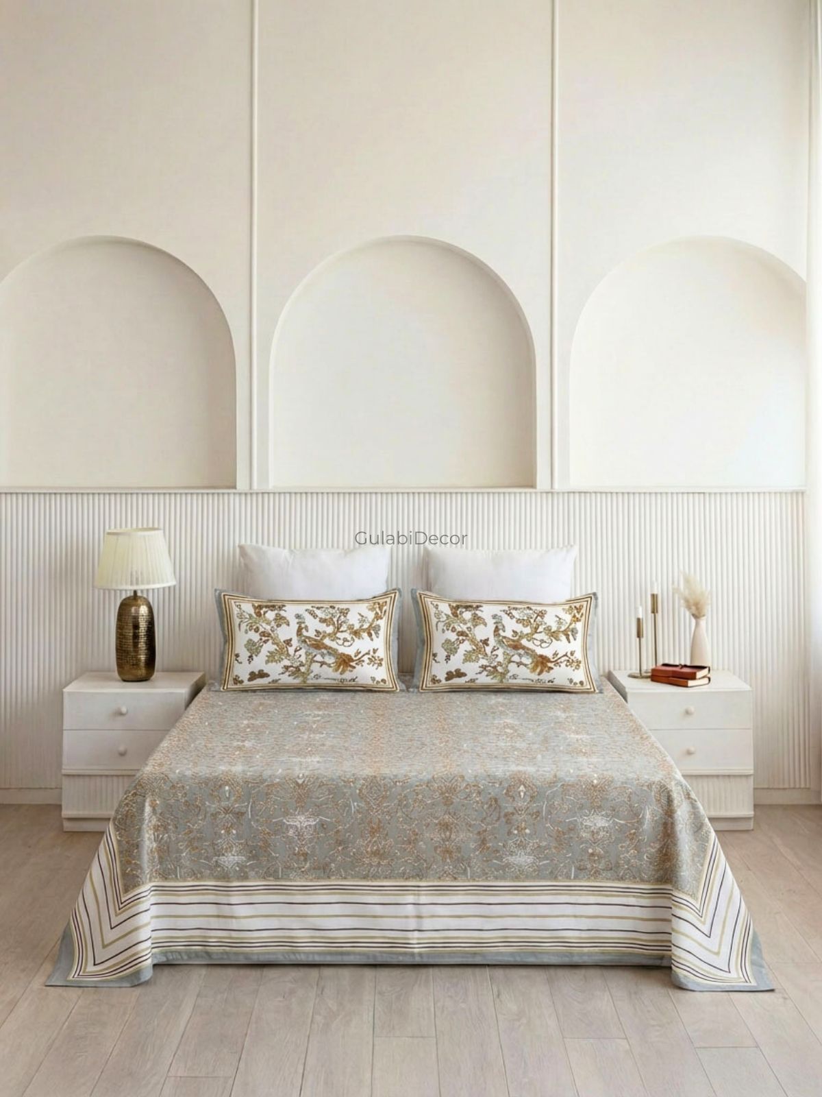 Heritage Peacock Champagne Gold Pure Cotton King Size Bedsheet