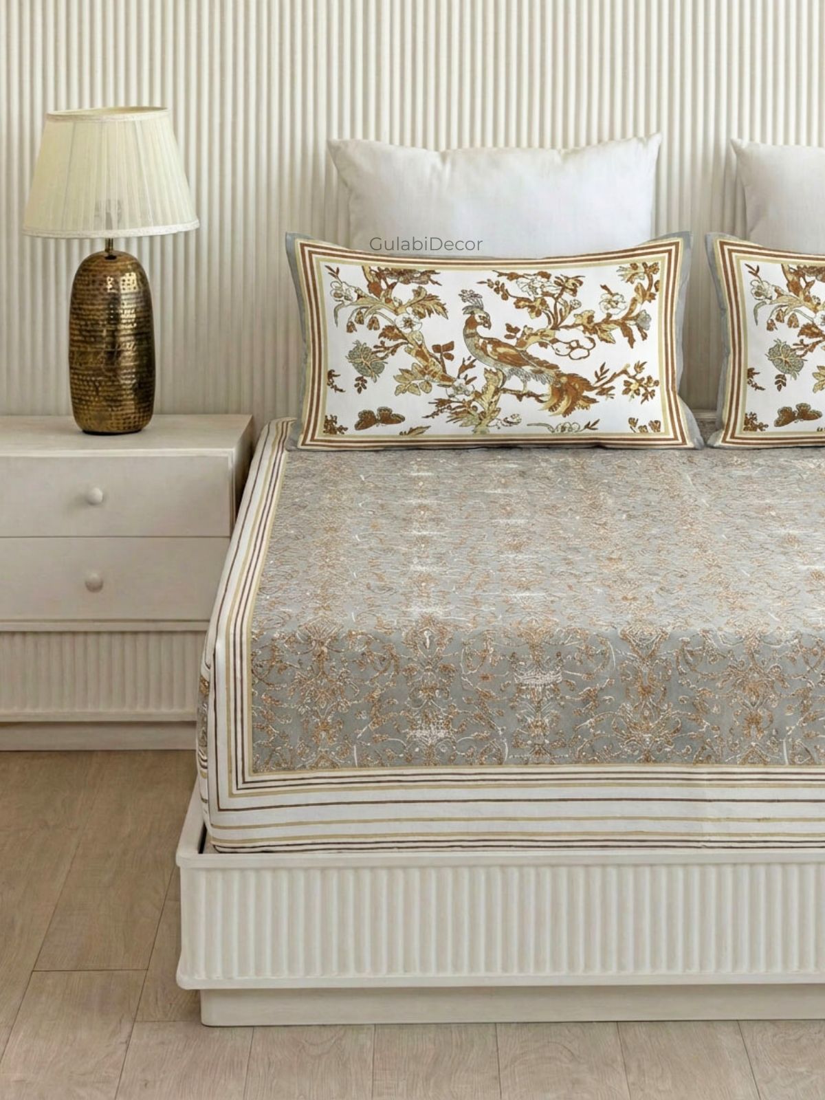 Heritage Peacock Champagne Gold Pure Cotton King Size Bedsheet