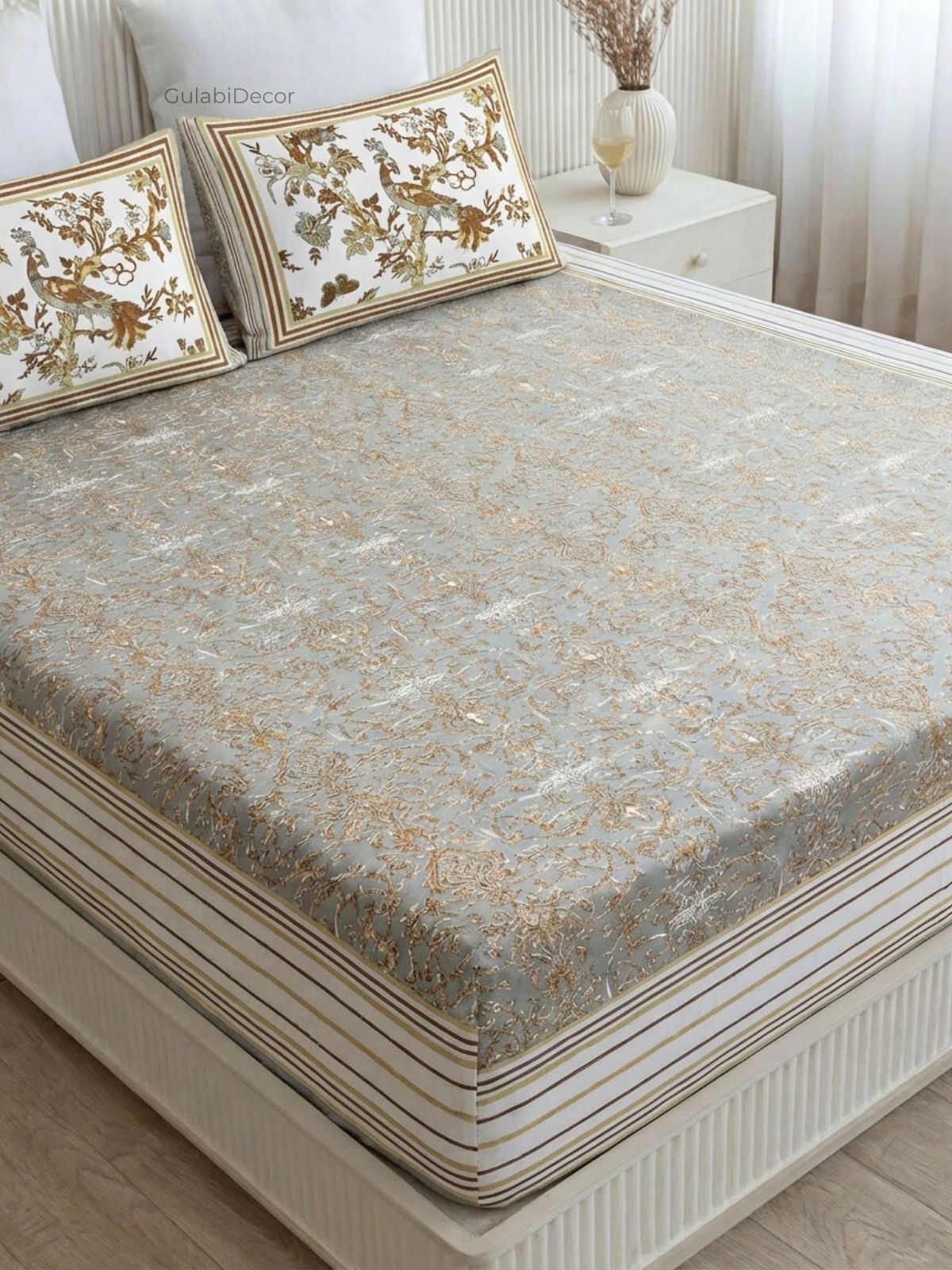 Heritage Peacock Champagne Gold Pure Cotton King Size Bedsheet