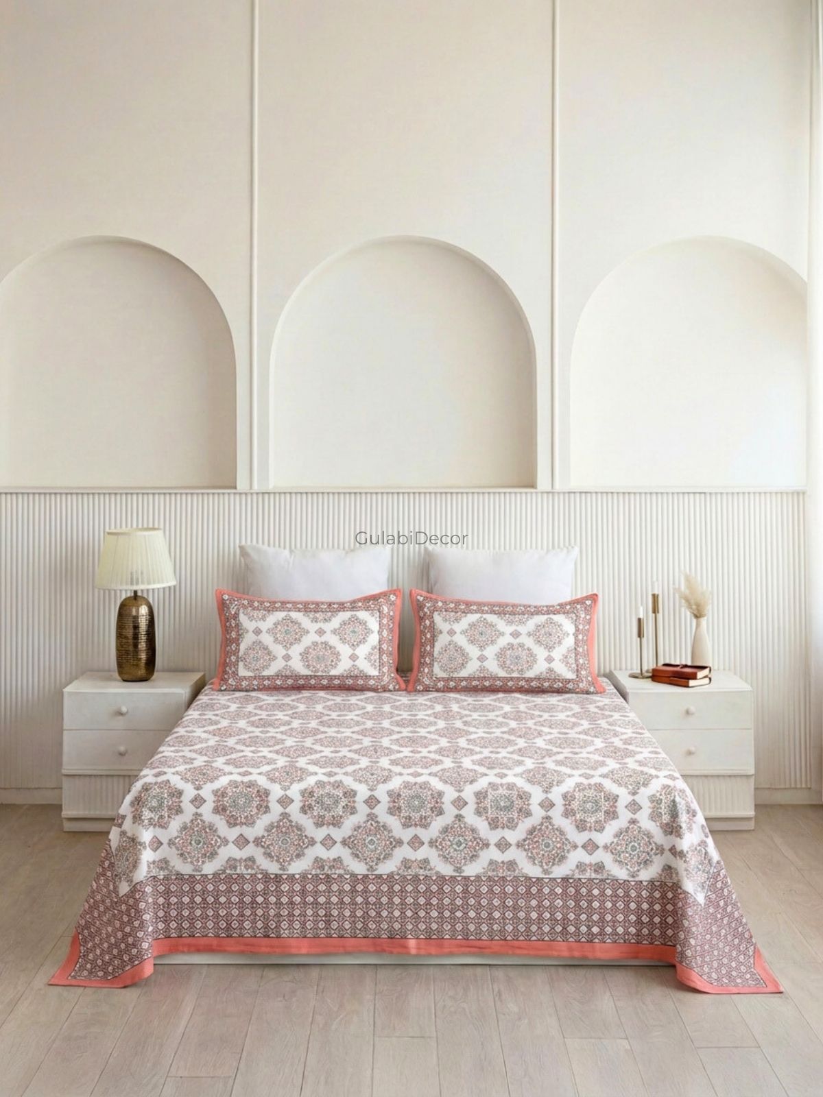 Mandala Medallion Coral Pink & Grey Pure Cotton King Size Bedsheet