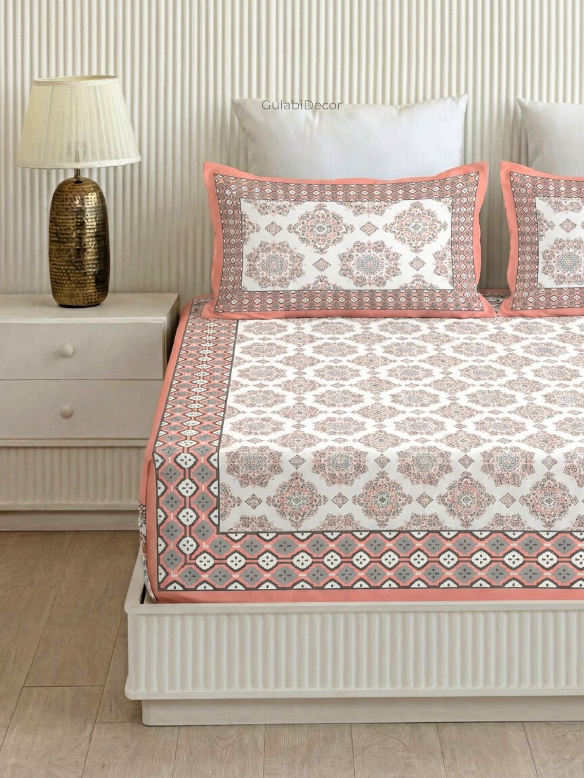 Mandala Medallion Coral Pink & Grey Pure Cotton King Size Bedsheet