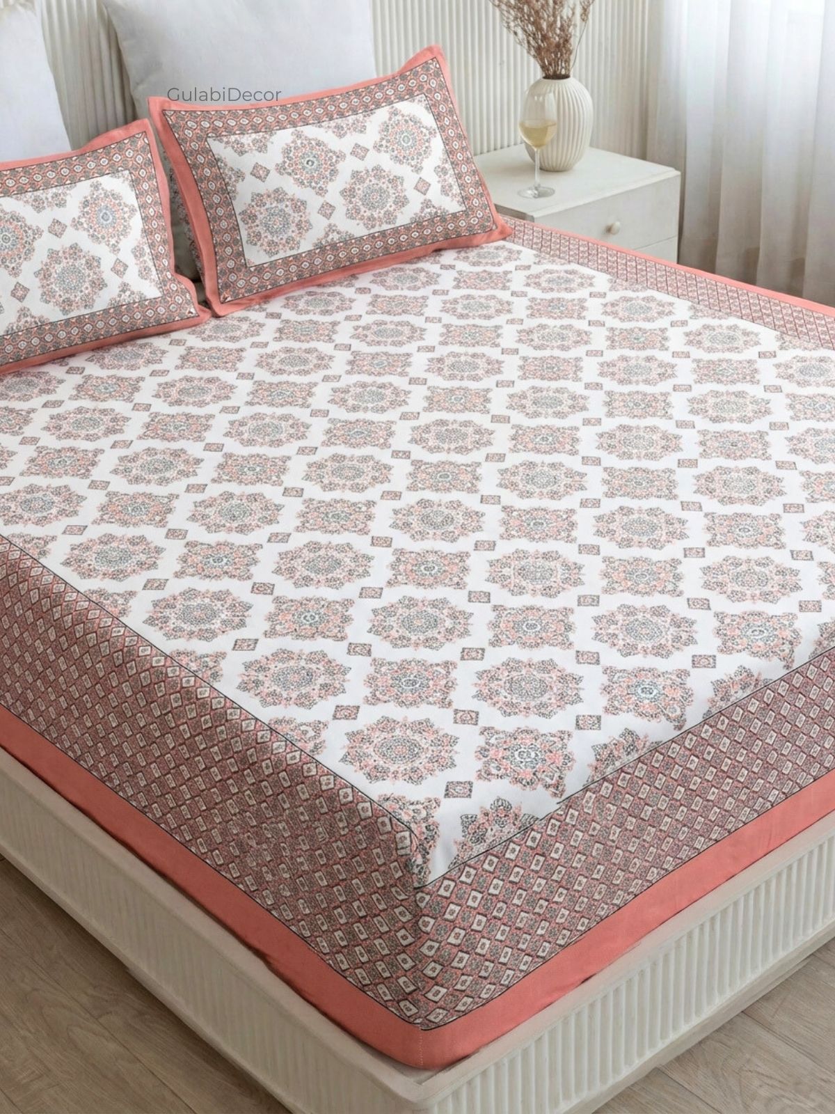 Mandala Medallion Coral Pink & Grey Pure Cotton King Size Bedsheet
