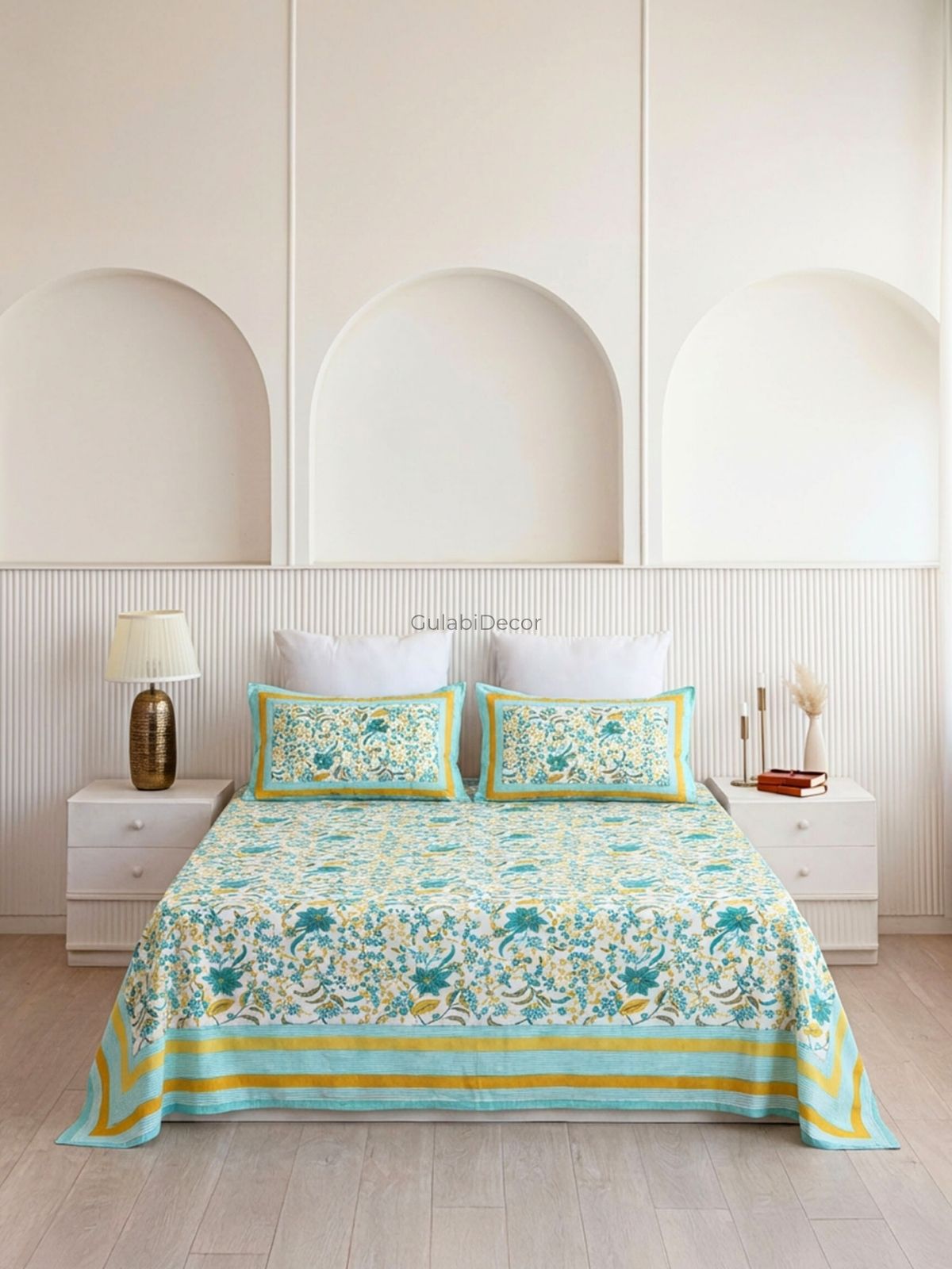 Wildflower Vine Turquoise & Yellow Pure Cotton King Size Bedsheet