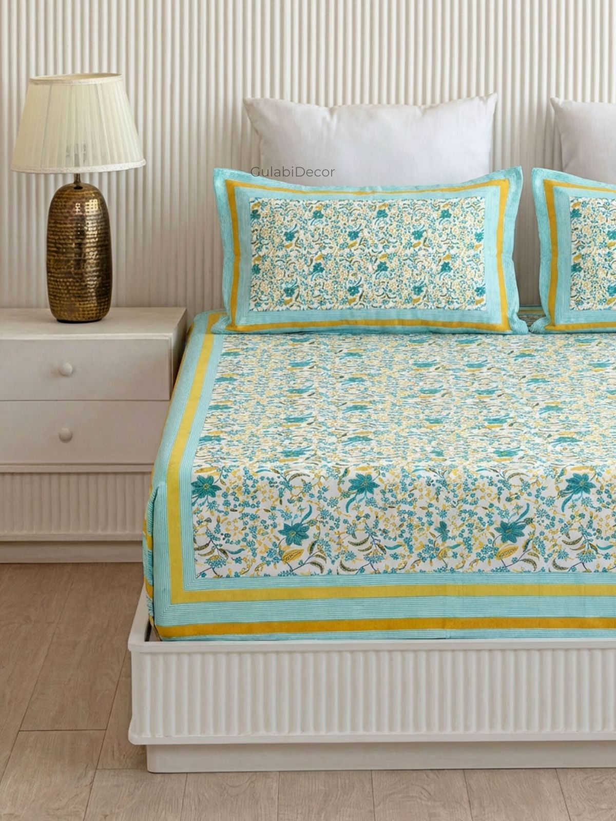 Wildflower Vine Turquoise & Yellow Pure Cotton King Size Bedsheet