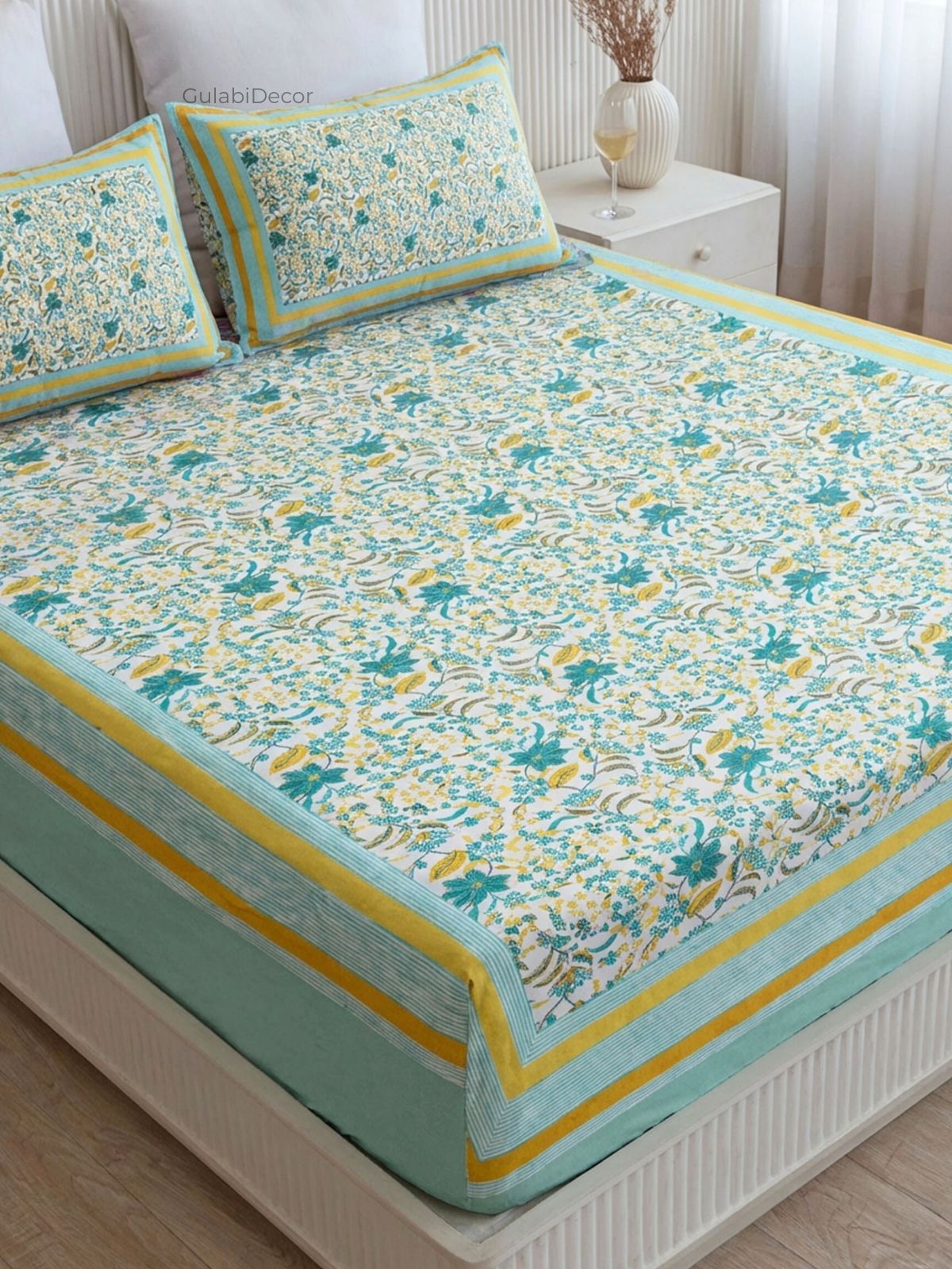 Wildflower Vine Turquoise & Yellow Pure Cotton Double Size Bedsheet