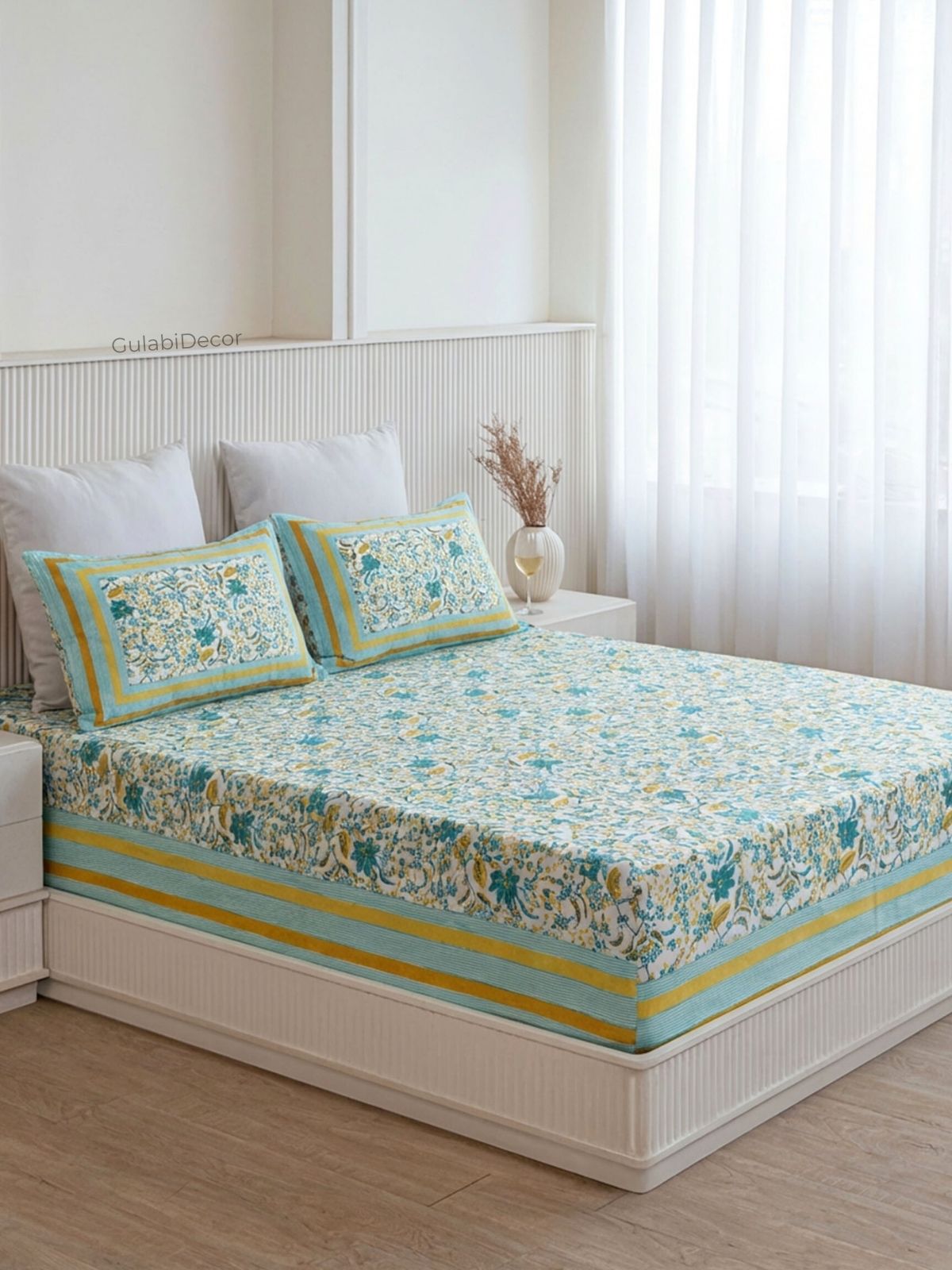 Wildflower Vine Turquoise & Yellow Pure Cotton Double Size Bedsheet