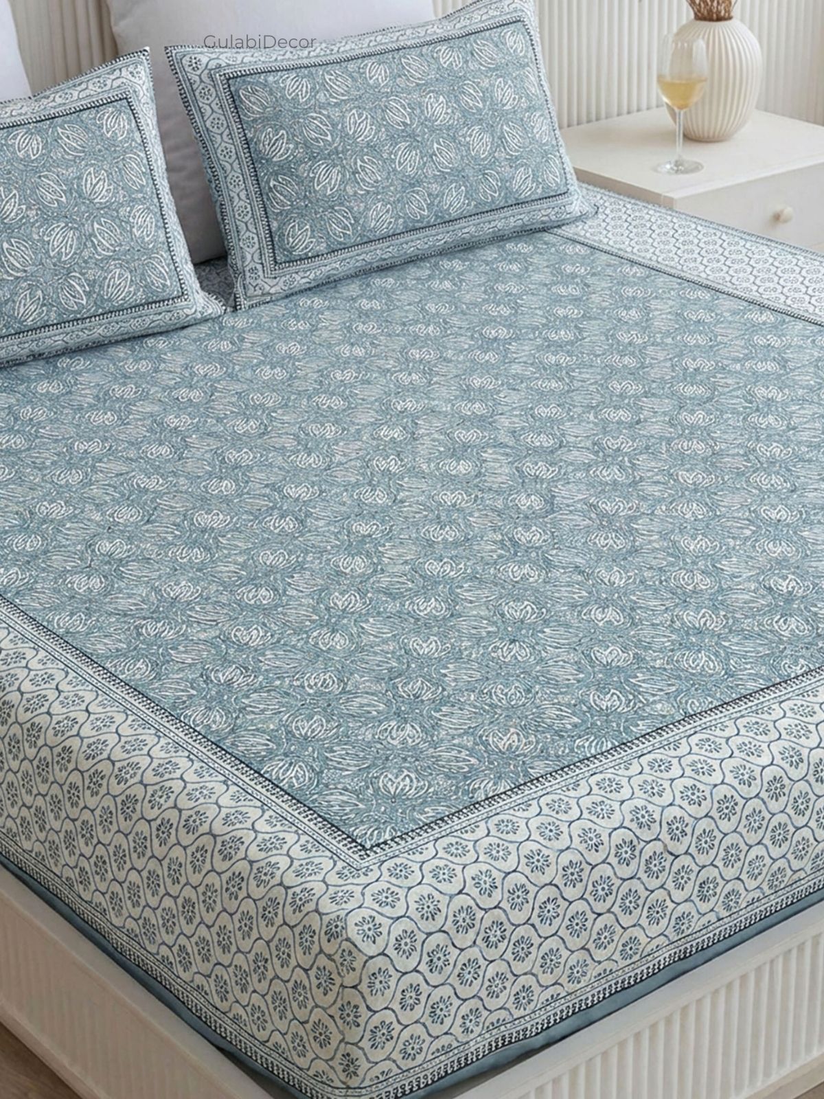 Lotus Bloom Seafoam Teal Pure Cotton King Size Bedsheet