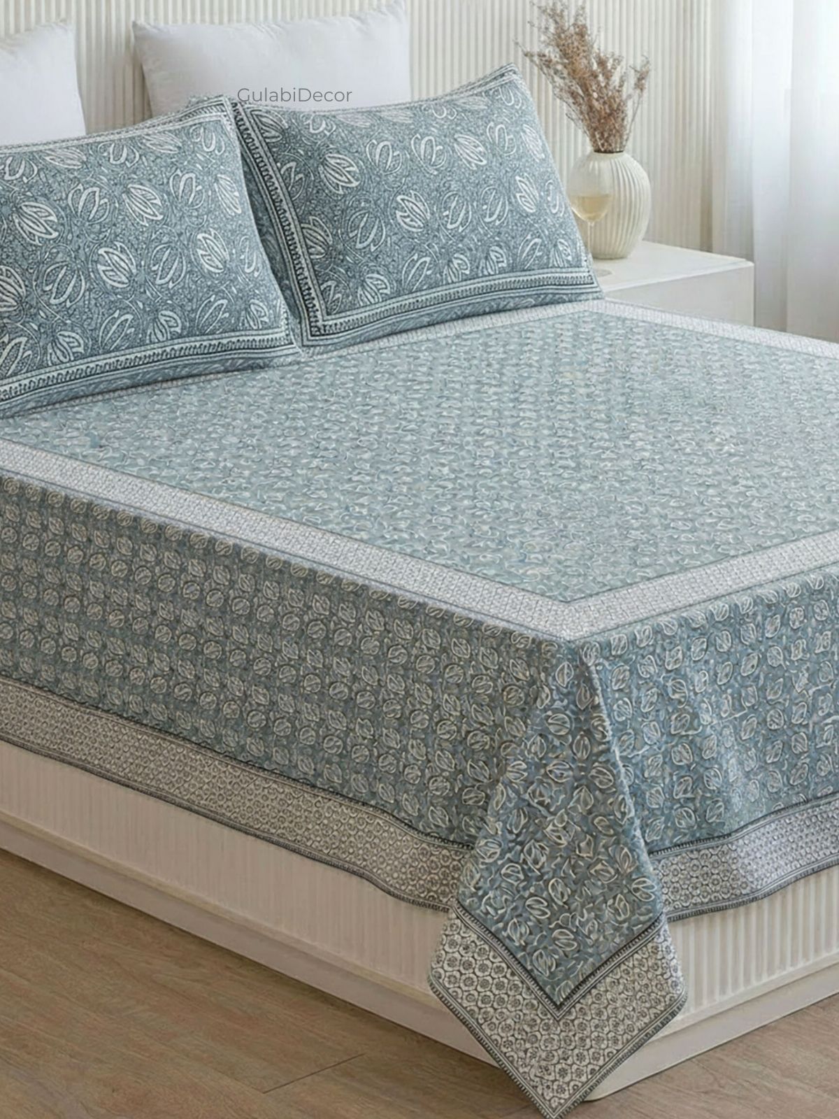 Lotus Bloom Seafoam Teal Pure Cotton King Size Bedsheet