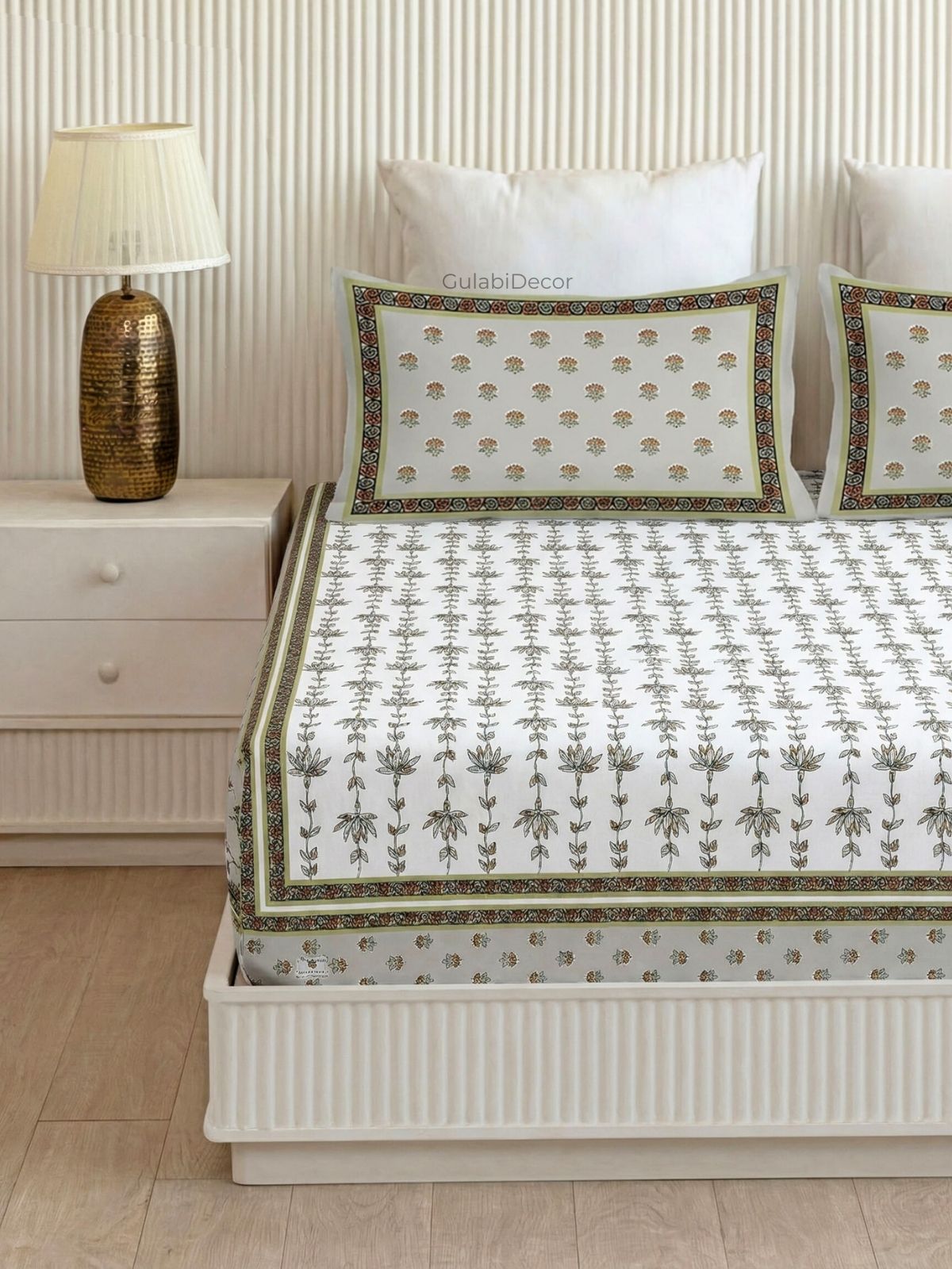 Minimalist Stem Olive Green Pure Cotton King Size Bedsheet