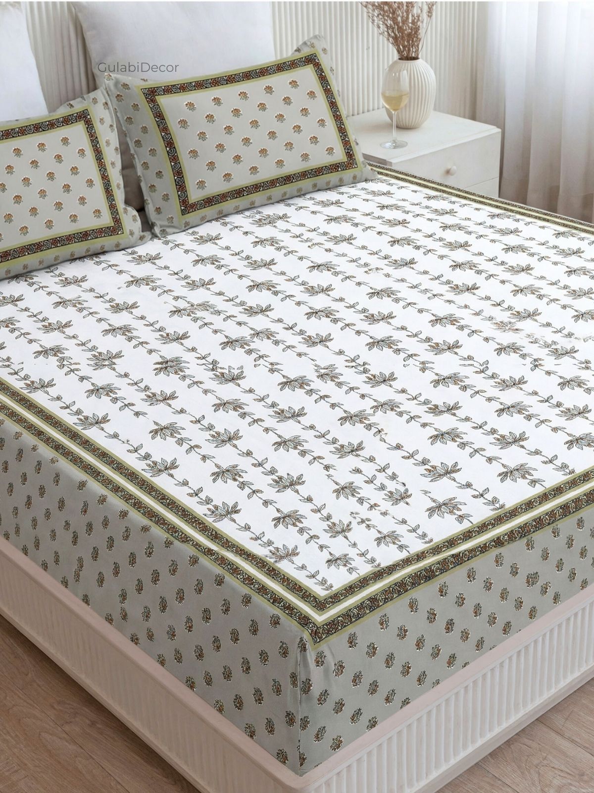 Minimalist Stem Olive Green Pure Cotton Double Size Bedsheet