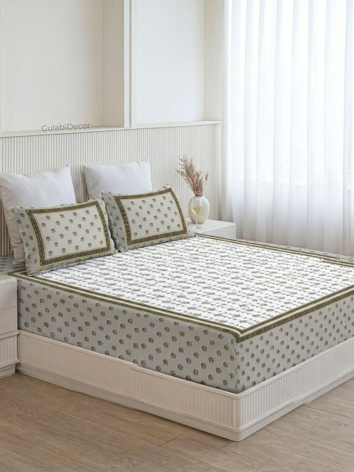 Minimalist Stem Olive Green Pure Cotton Double Size Bedsheet