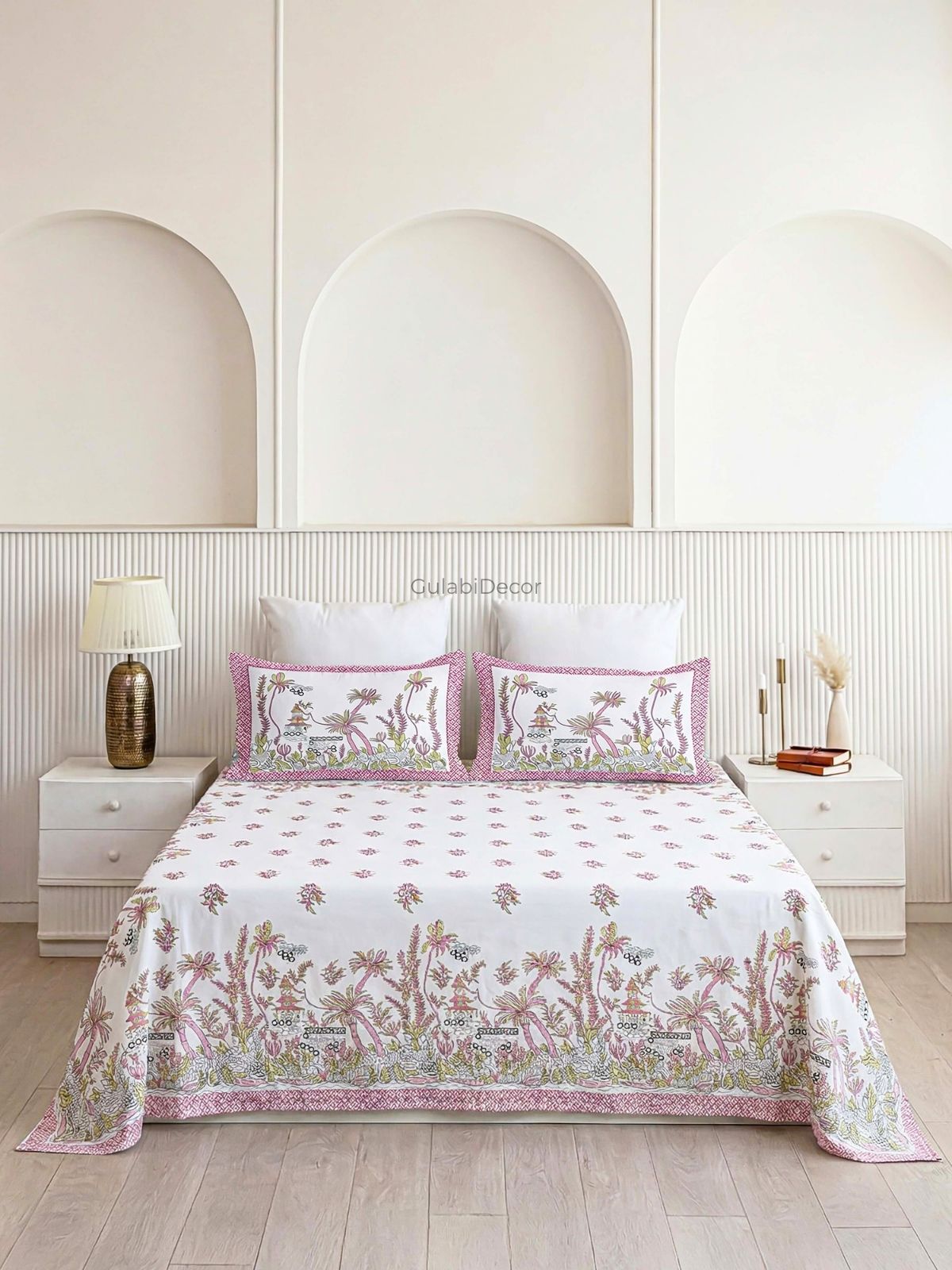 Tropical Palm Rose Pink Pure Cotton King Size Bedsheet