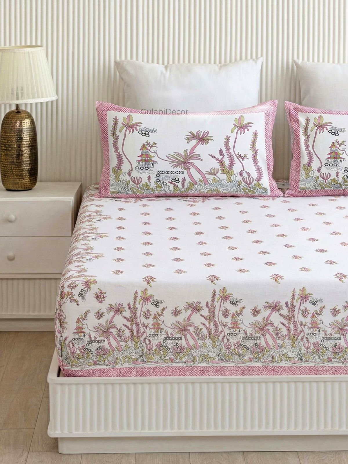 Tropical Palm Rose Pink Pure Cotton King Size Bedsheet