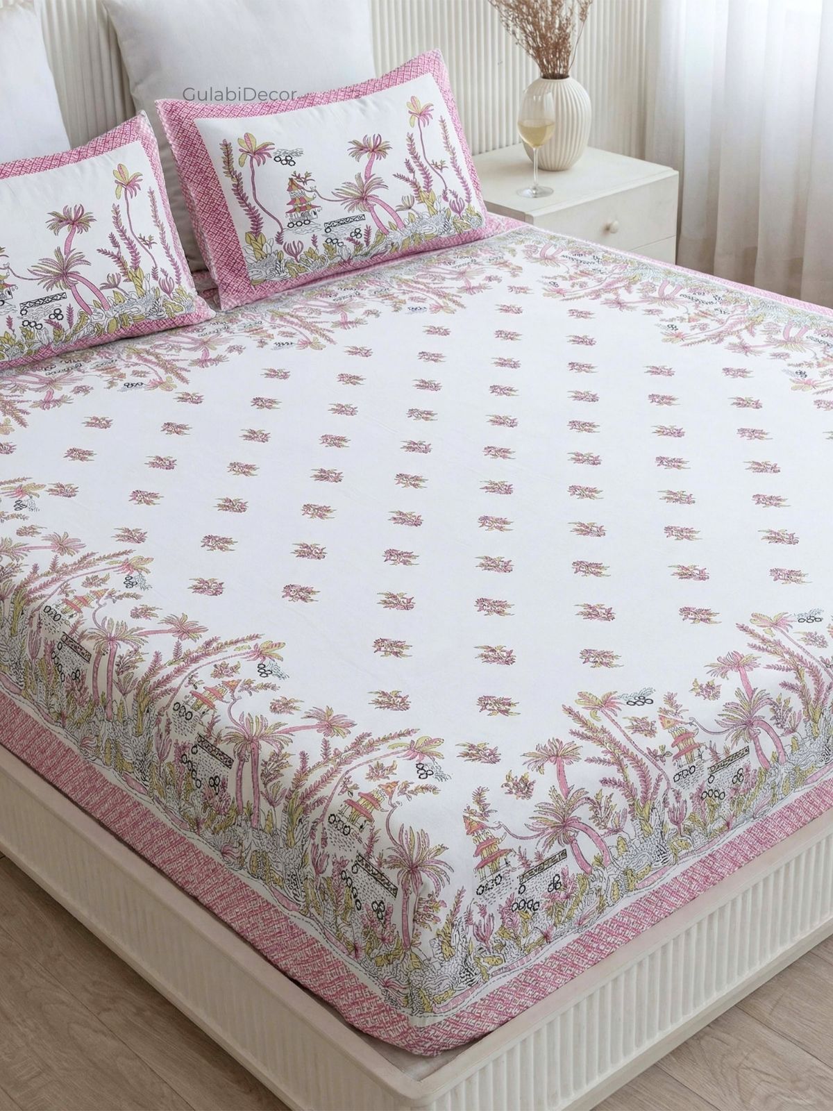 Tropical Palm Rose Pink Pure Cotton King Size Bedsheet