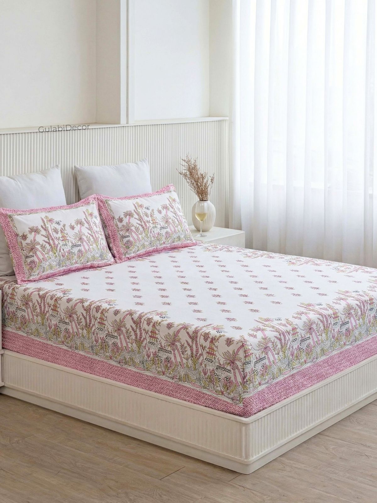 Tropical Palm Rose Pink Pure Cotton King Size Bedsheet