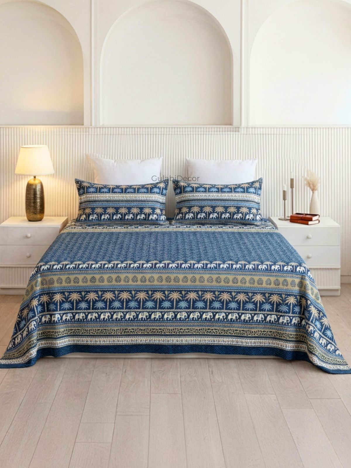 Royal Safari Palm Prussian Blue Pure Cotton King Size Bedsheet