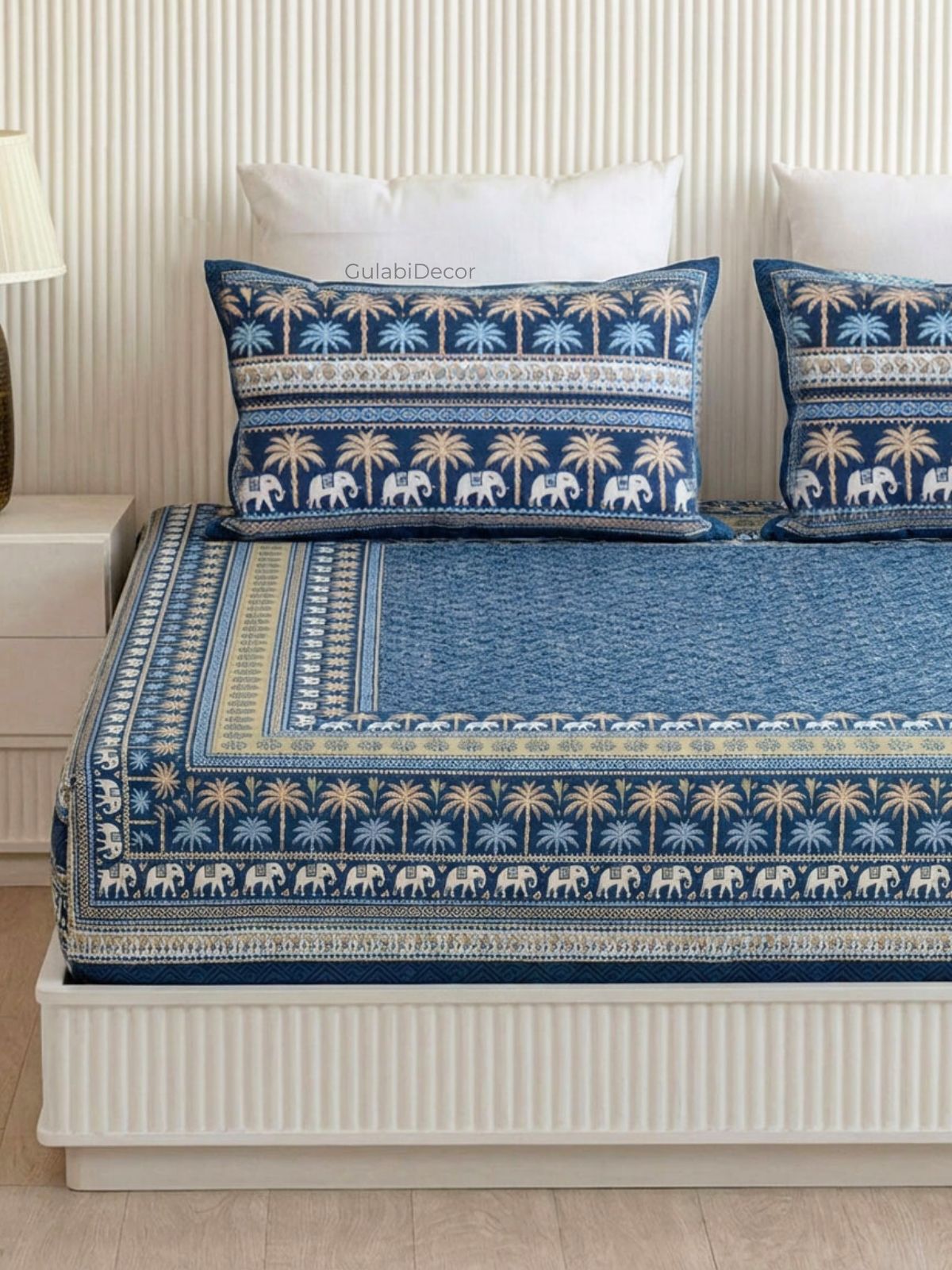 Royal Safari Palm Prussian Blue Pure Cotton King Size Bedsheet