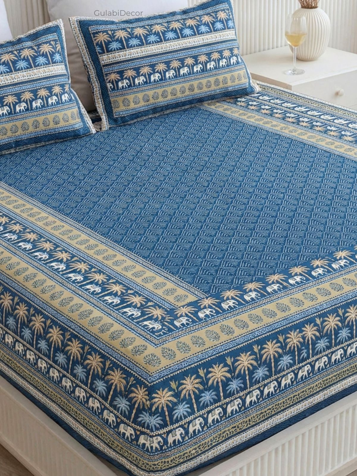 Royal Safari Palm Prussian Blue Pure Cotton King Size Bedsheet