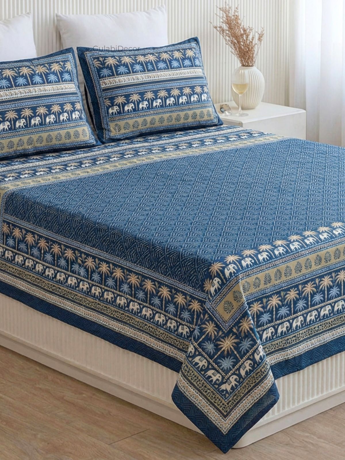 Royal Safari Palm Prussian Blue Pure Cotton King Size Bedsheet