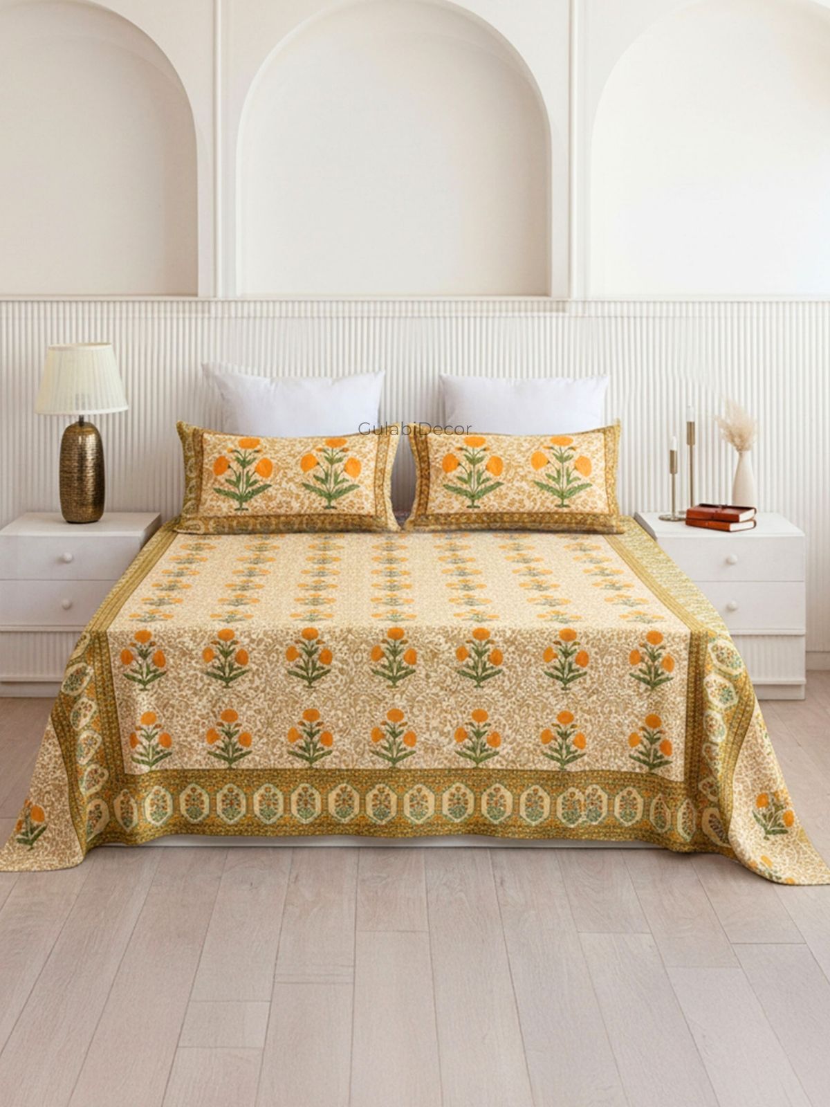 Marigold Sanganeri Print Mustard Yellow & Orange Pure Cotton King Size Bedsheet