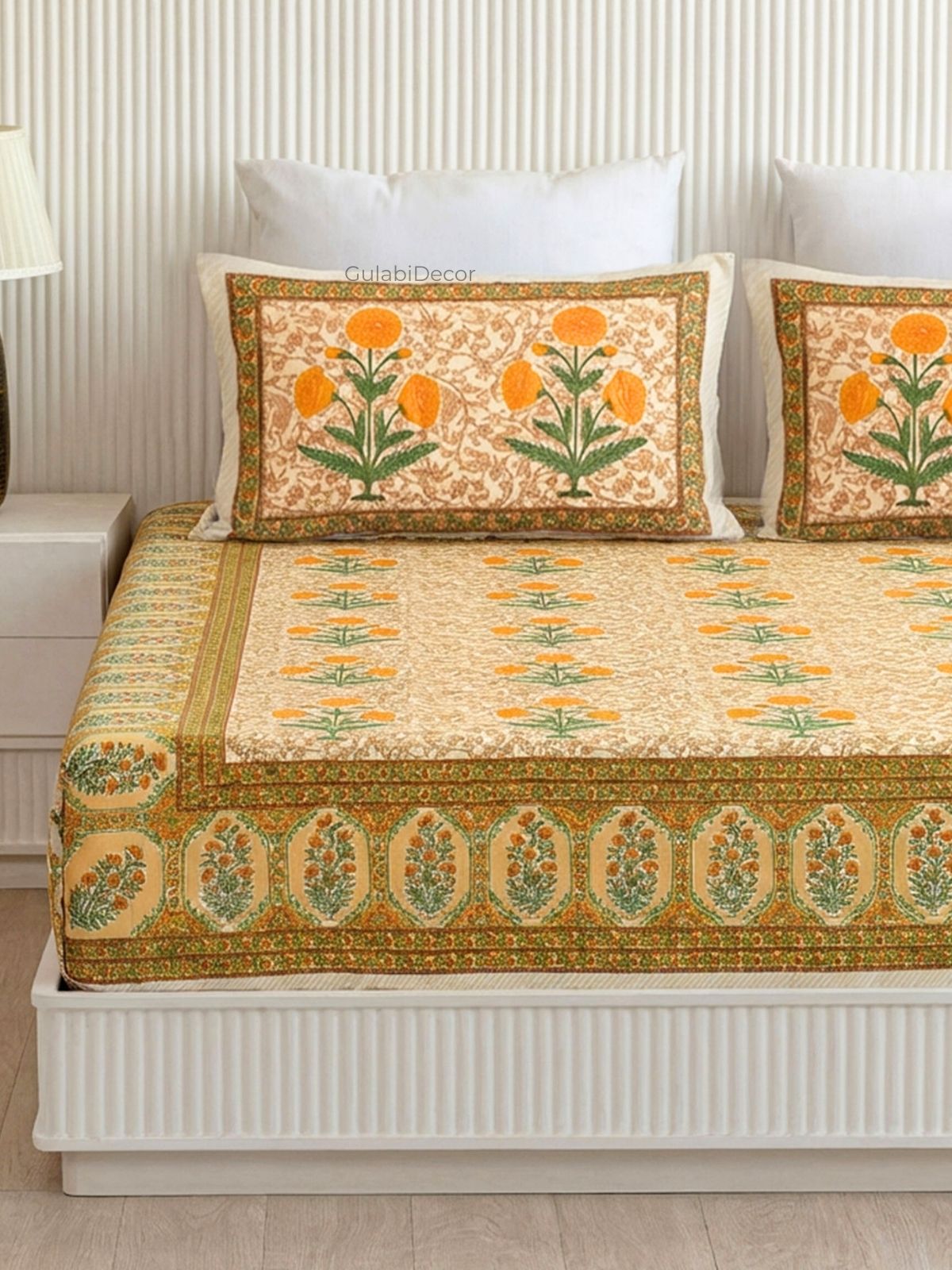 Marigold Sanganeri Print Mustard Yellow & Orange Pure Cotton King Size Bedsheet