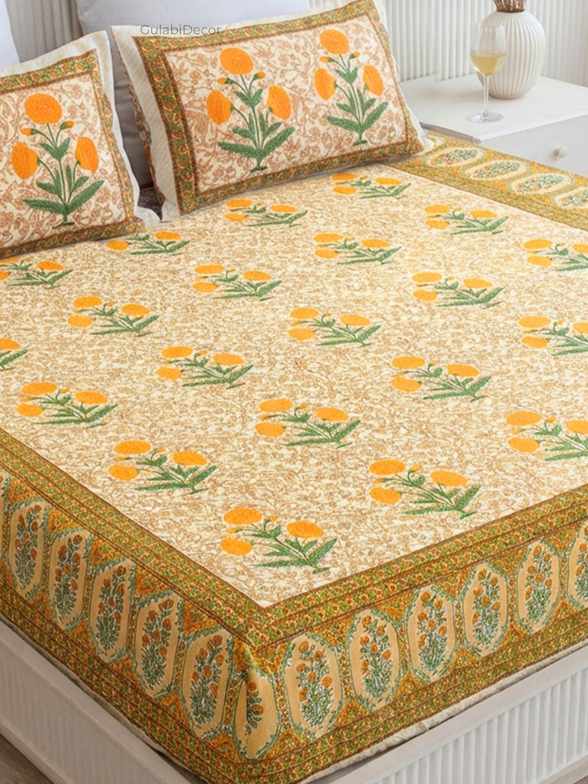 Marigold Sanganeri Print Mustard Yellow & Orange Pure Cotton King Size Bedsheet