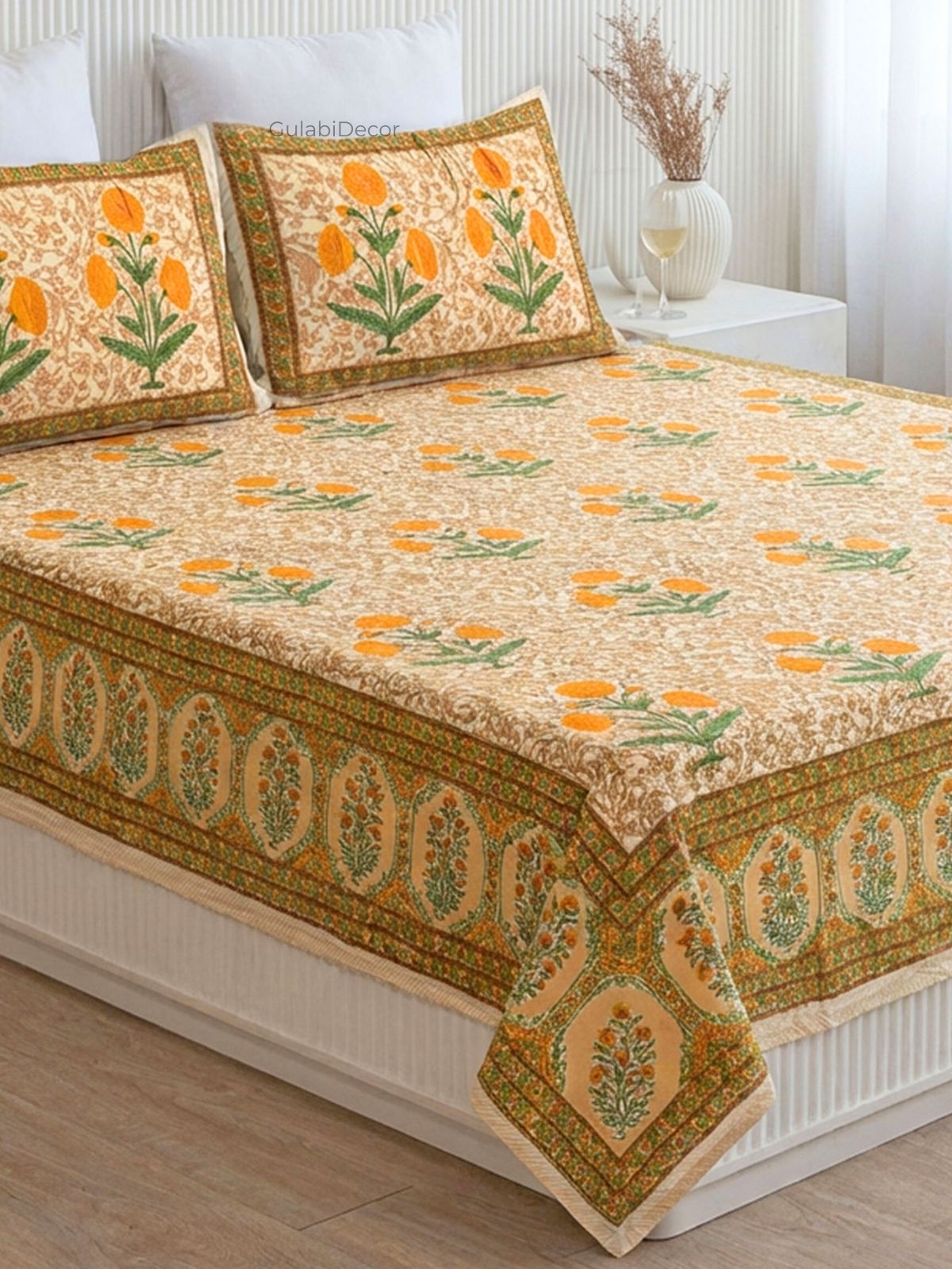 Marigold Sanganeri Print Mustard Yellow & Orange Pure Cotton King Size Bedsheet