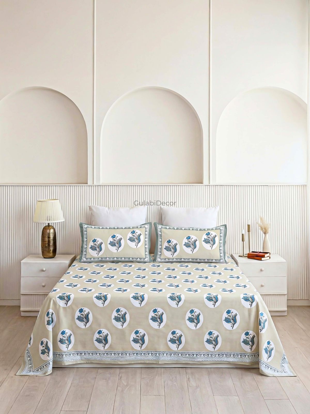 Floral Medallion Circle Dusty Beige & Steel Blue Pure Cotton King Size Bedsheet