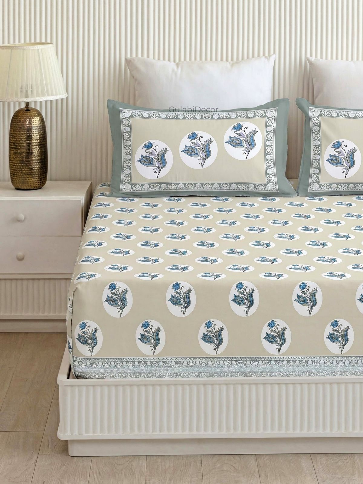 Floral Medallion Circle Dusty Beige & Steel Blue Pure Cotton King Size Bedsheet