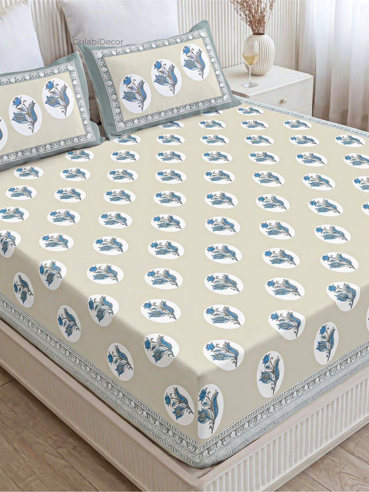 Floral Medallion Circle Dusty Beige & Steel Blue Pure Cotton King Size Bedsheet