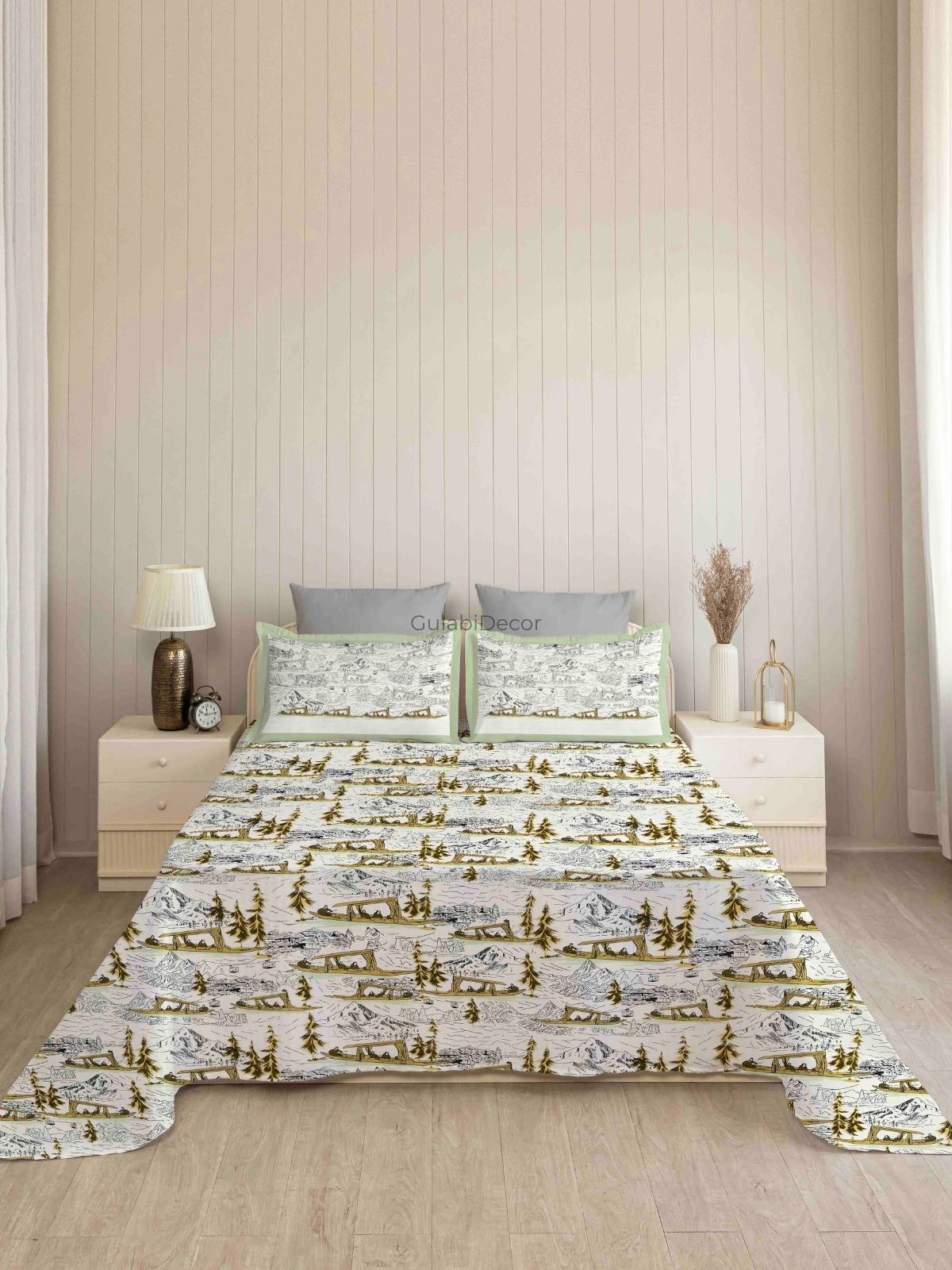 Shikara Mountain Scenery Sage Green & Charcoal Pure Cotton King Size Bedsheet