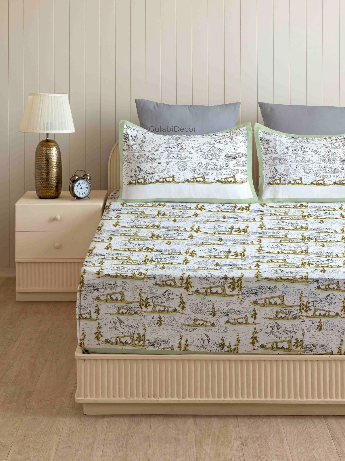 Shikara Mountain Scenery Sage Green & Charcoal Pure Cotton King Size Bedsheet