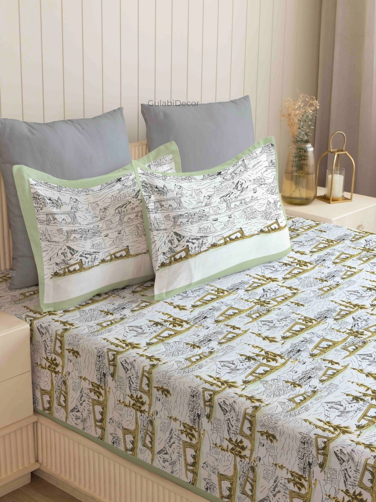 Shikara Mountain Scenery Sage Green & Charcoal Pure Cotton King Size Bedsheet