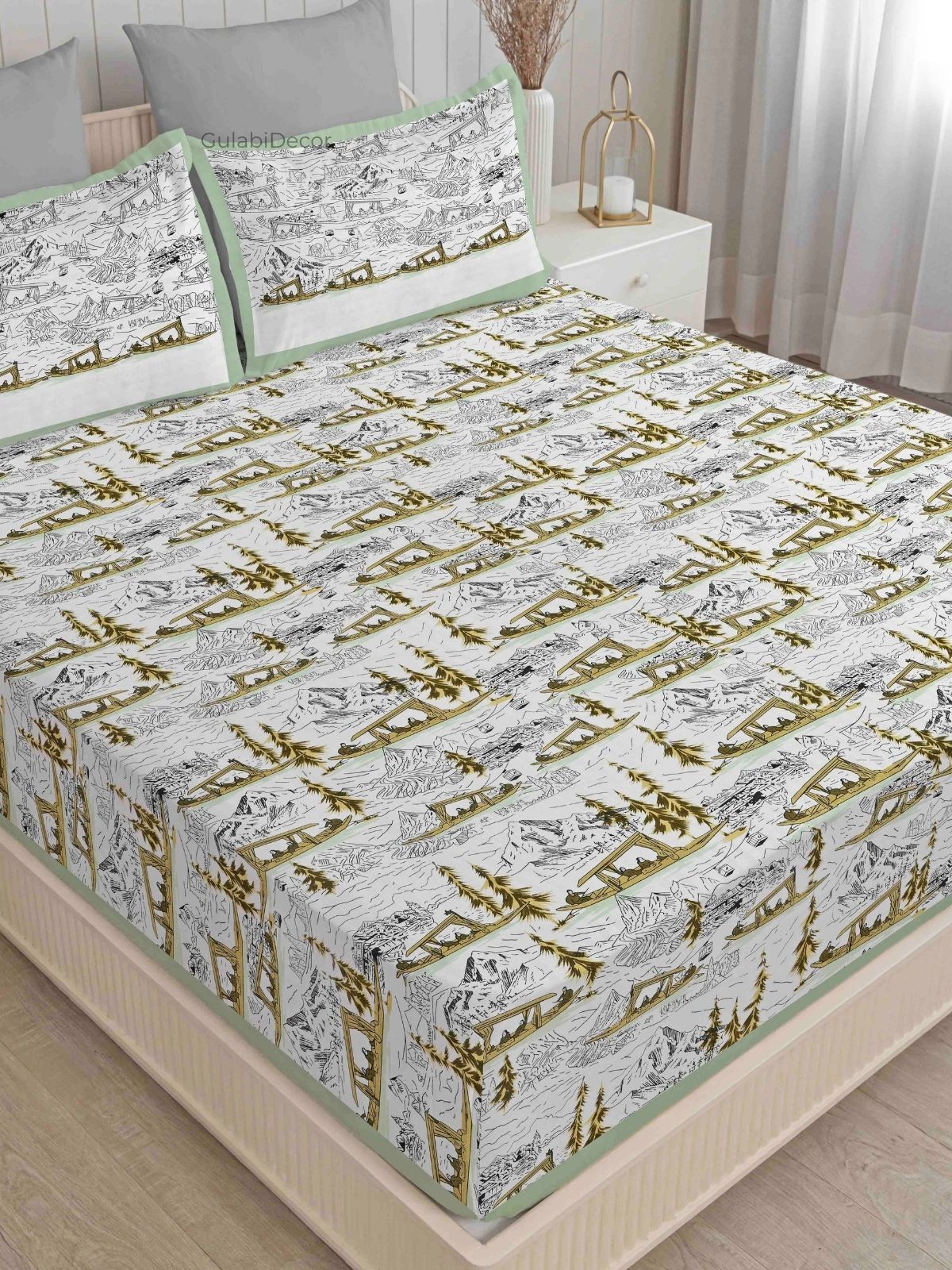 Shikara Mountain Scenery Sage Green & Charcoal Pure Cotton King Size Bedsheet