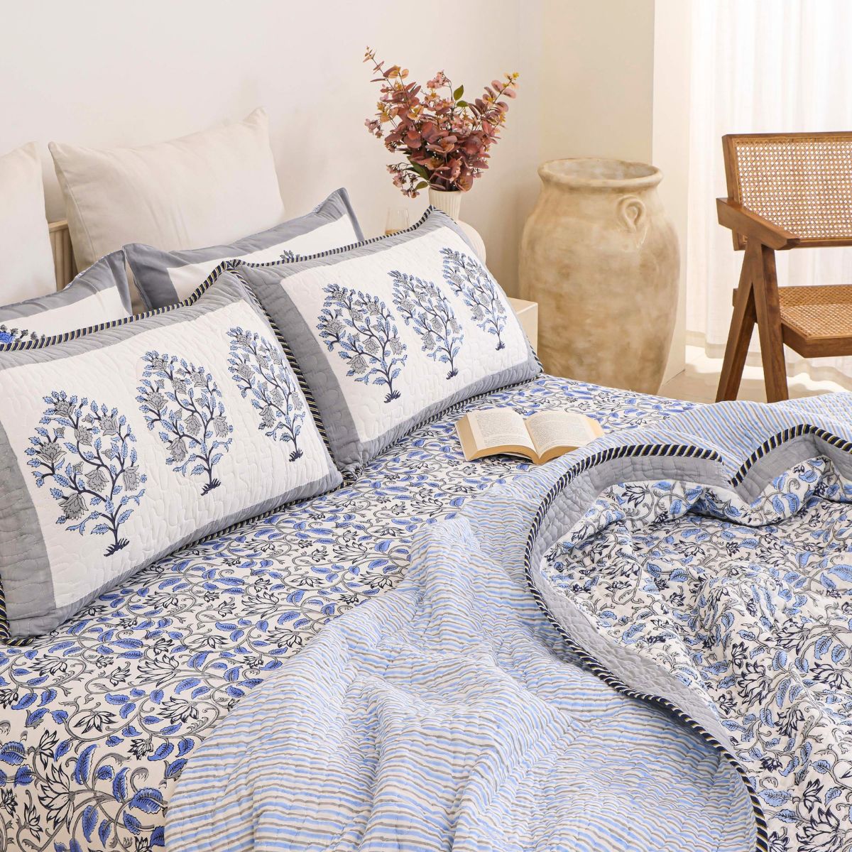The Royal Indigo Cypress Heritage Block-Printed Cotton Bedspread with 2 Pillow Covers