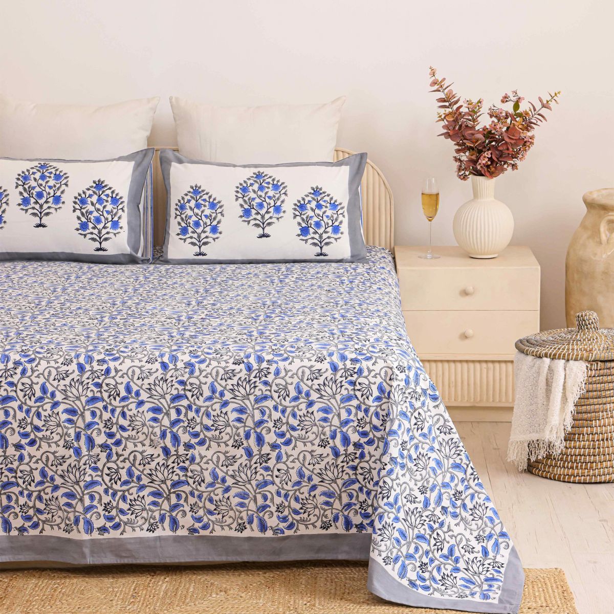 The Royal Indigo Cypress Heritage Block-Printed Cotton Bedsheet with 2 Pillow Covers