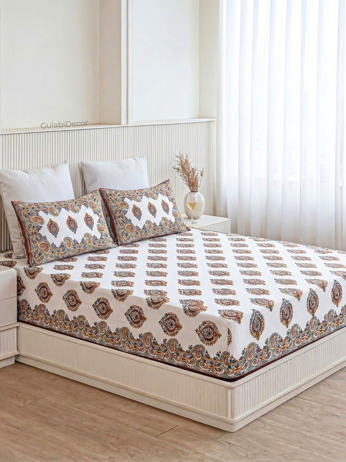 Ethnic Paisley Buta Indigo & Rust Pure Cotton Super King Size Bedsheet