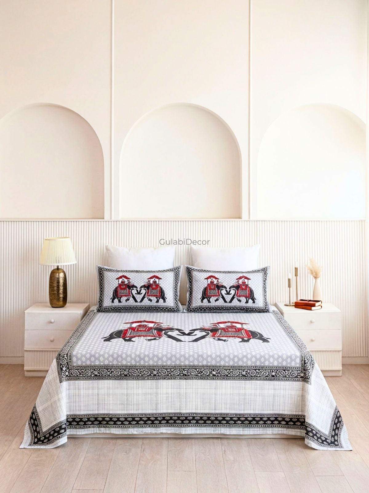 Heritage Elephant Procession Black & Crimson Pure Cotton Super King Size Bedsheet