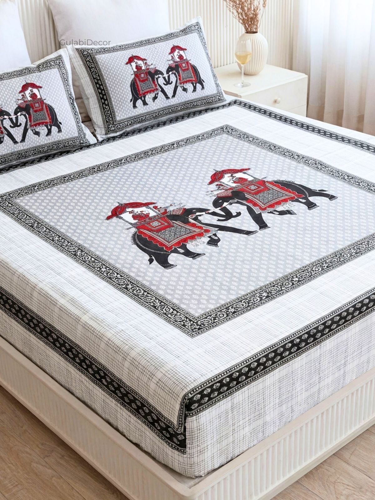 Heritage Elephant Procession Black & Crimson Pure Cotton Super King Size Bedsheet