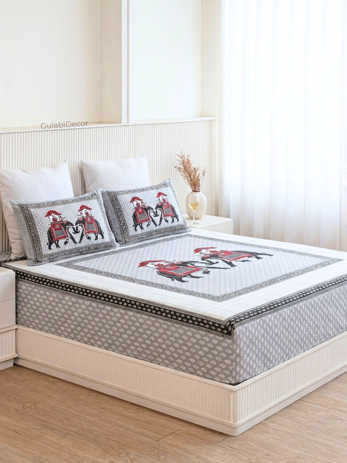 Heritage Elephant Procession Black & Crimson Pure Cotton Super King Size Bedsheet