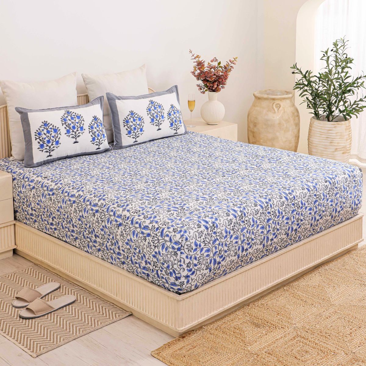 The Royal Indigo Cypress Heritage Block-Printed Cotton Bedsheet with 2 Pillow Covers